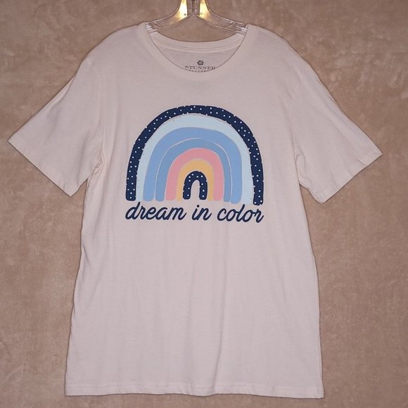 Stunner California Womens T-Shirt Rainbow‎ Dream In Color Pink Cap Sleeve M New - Picture 1 of 8
